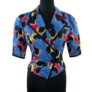 VINTAGE Guy Laroche Blue Jacket Cotton Floral Printed Notch Lapel 3/4 Sleeve 38